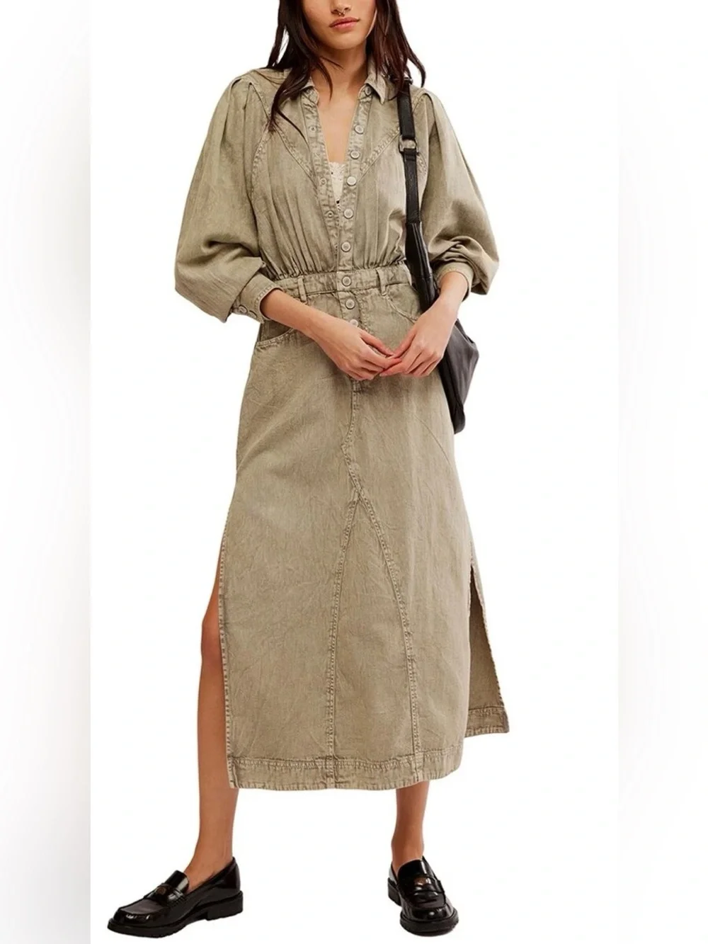 NWT Free People S Mad Love Denim Midi Dress in Sage Green New $198 Pocket Cotton